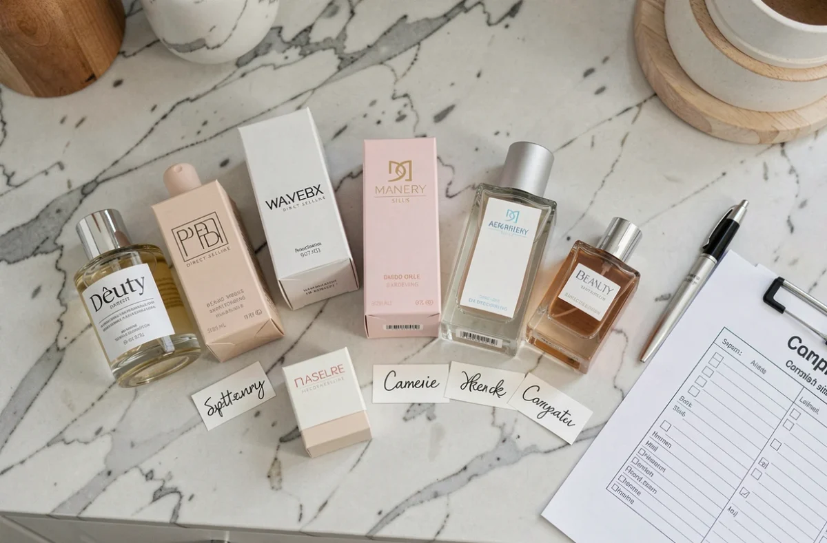 Comparatif à plat de produits de marques VDI beauté incluant Chogan sur un comptoir en marbre avec fiche d'évaluation