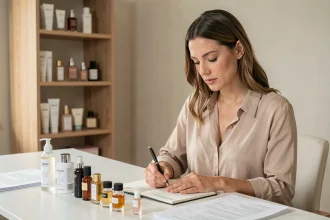 Femme comparant des produits cosmétiques Chogan sur un bureau moderne lors d'une évaluation de marques de vente directe beauté