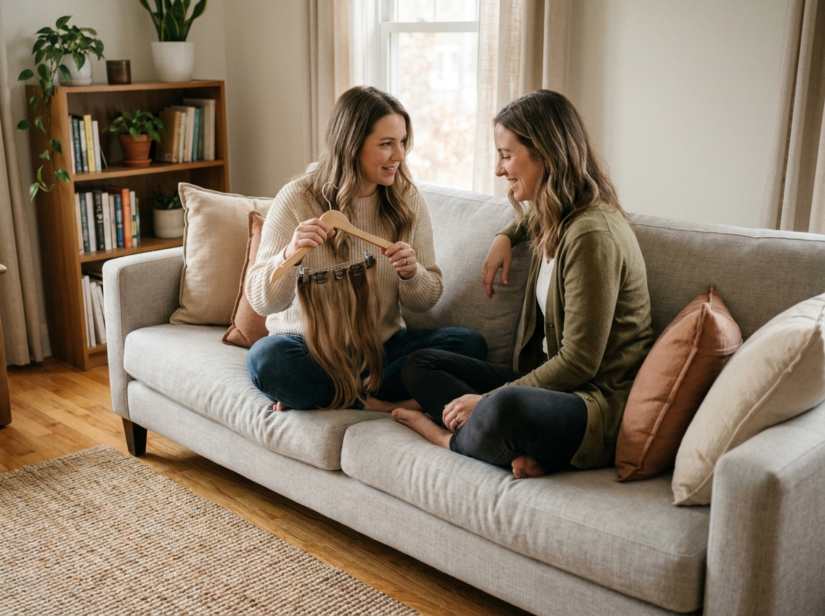 Deux femmes discutant de l'entretien et du rangement des extensions capillaires dans un salon cosy