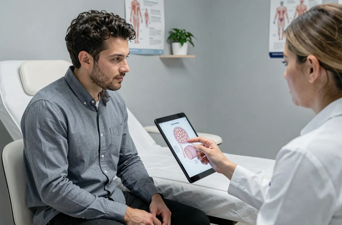 Homme consultant un dermatologue au sujet du traitement au soufre jaune contre les pellicules