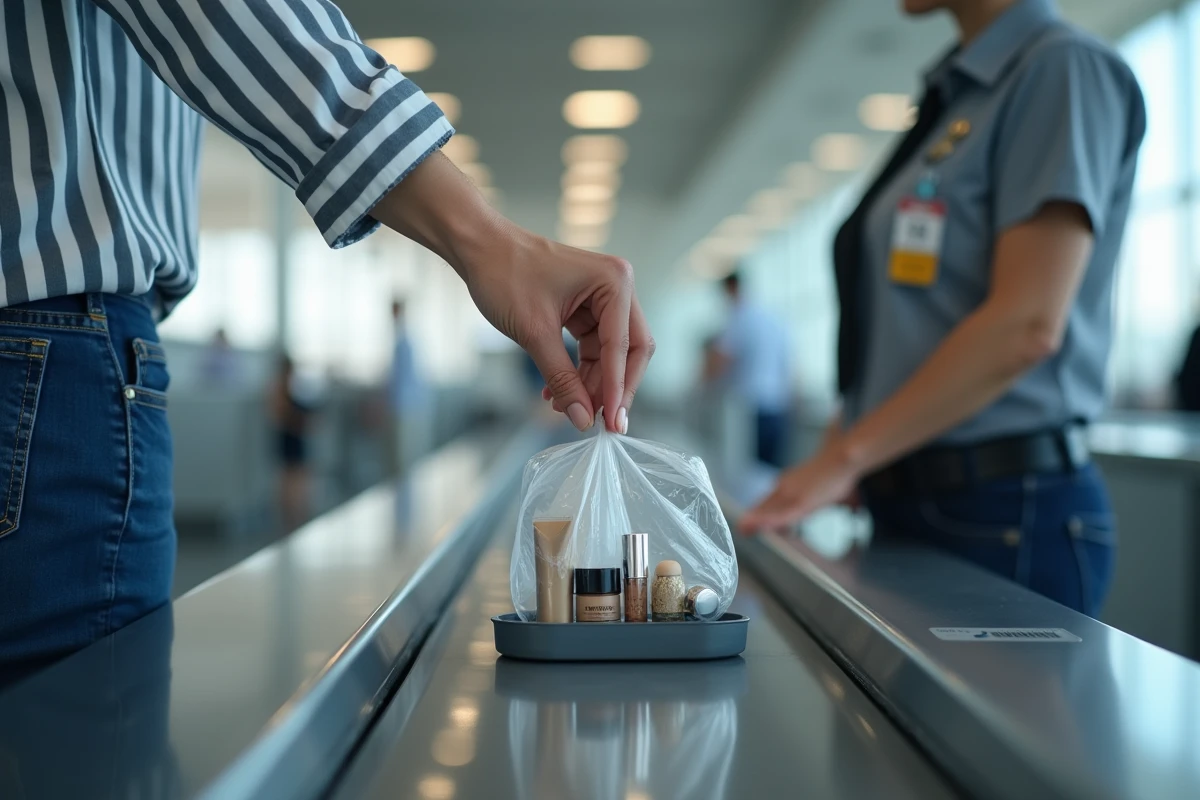 Femme déposant sa trousse de cosmétiques transparente au contrôle de sécurité de l'aéroport