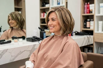 Femme aux cheveux fins et plats avec une coupe au carré volumineux chez le coiffeur