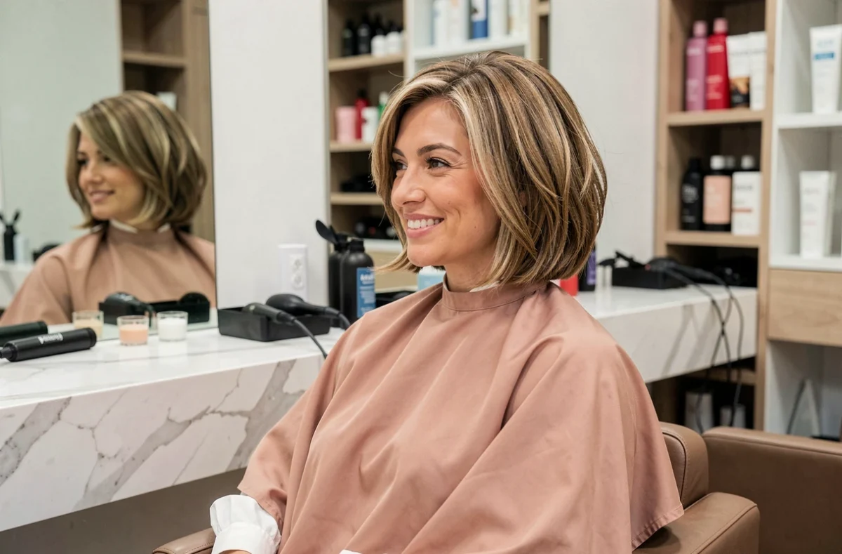 Femme aux cheveux fins et plats avec une coupe au carré volumineux chez le coiffeur