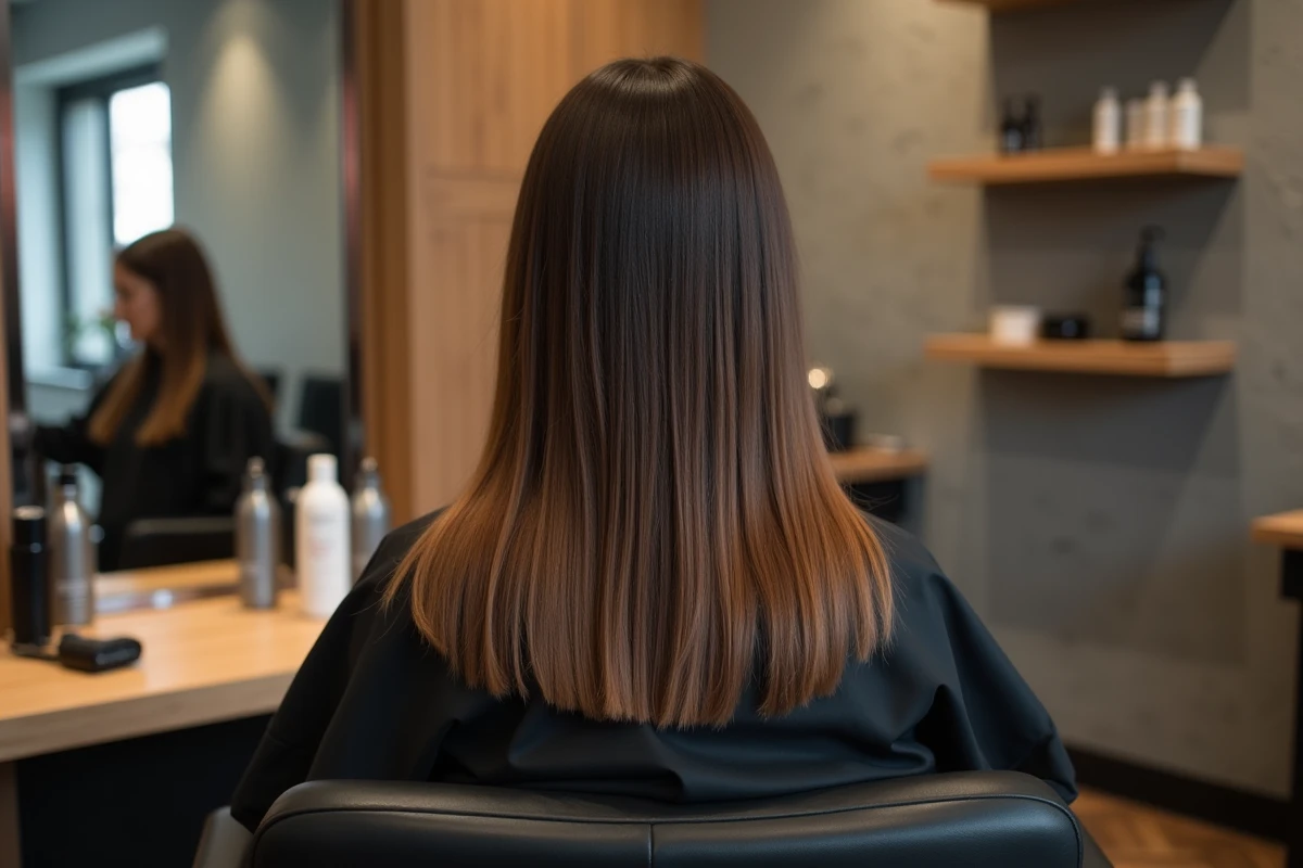 Vue de dos d'une coupe de cheveux mi-longs dégradés en salon de coiffure, reflet dans le miroir et finition soignée