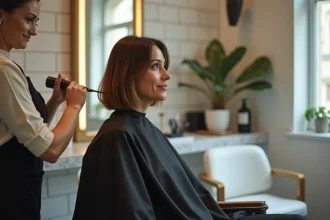 Femme aux cheveux courts en salon de coiffure tendance 2026 avec une coupe au carré et frange rideau