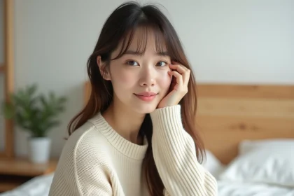 Jeune femme aux cheveux longs fins avec une frange rideau souple dans une chambre scandinave lumineuse
