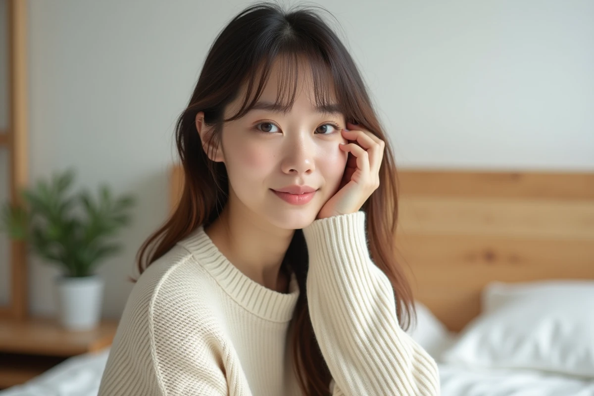Jeune femme aux cheveux longs fins avec une frange rideau souple dans une chambre scandinave lumineuse