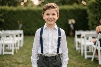 Garçon d'environ 10 ans avec une coupe soignée portant une chemise blanche et des bretelles marine lors d'une cérémonie de fin d'année en jardin
