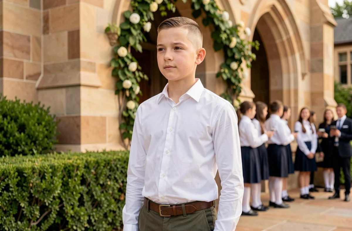 Garçon de 12 ans avec une coupe fondu tapered en chemise blanche et chino olive devant une façade en pierre lors d'une cérémonie scolaire de fin d'année