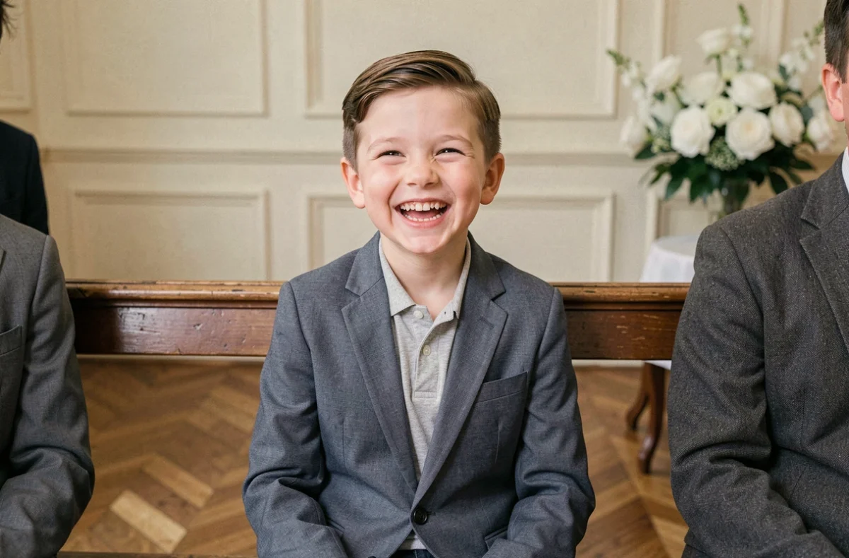 Jeune garçon avec une coupe bien coiffée en blazer bleu ardoise assis avec sa famille pour une photo de fin d'année en intérieur élégant