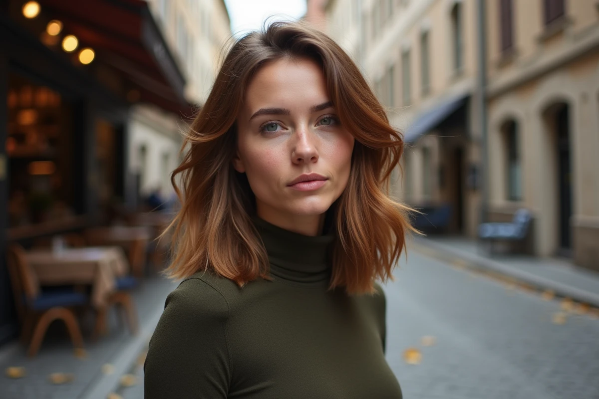 Femme avec une coupe mi-longue dégradée en extérieur dans une rue pavée, cheveux châtains avec du mouvement