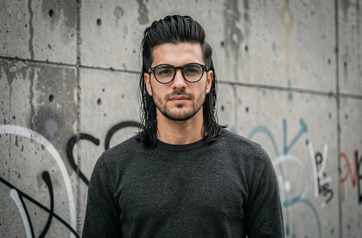Jeune homme avec coupe mulet moderne et lunettes rondes noires en extérieur urbain