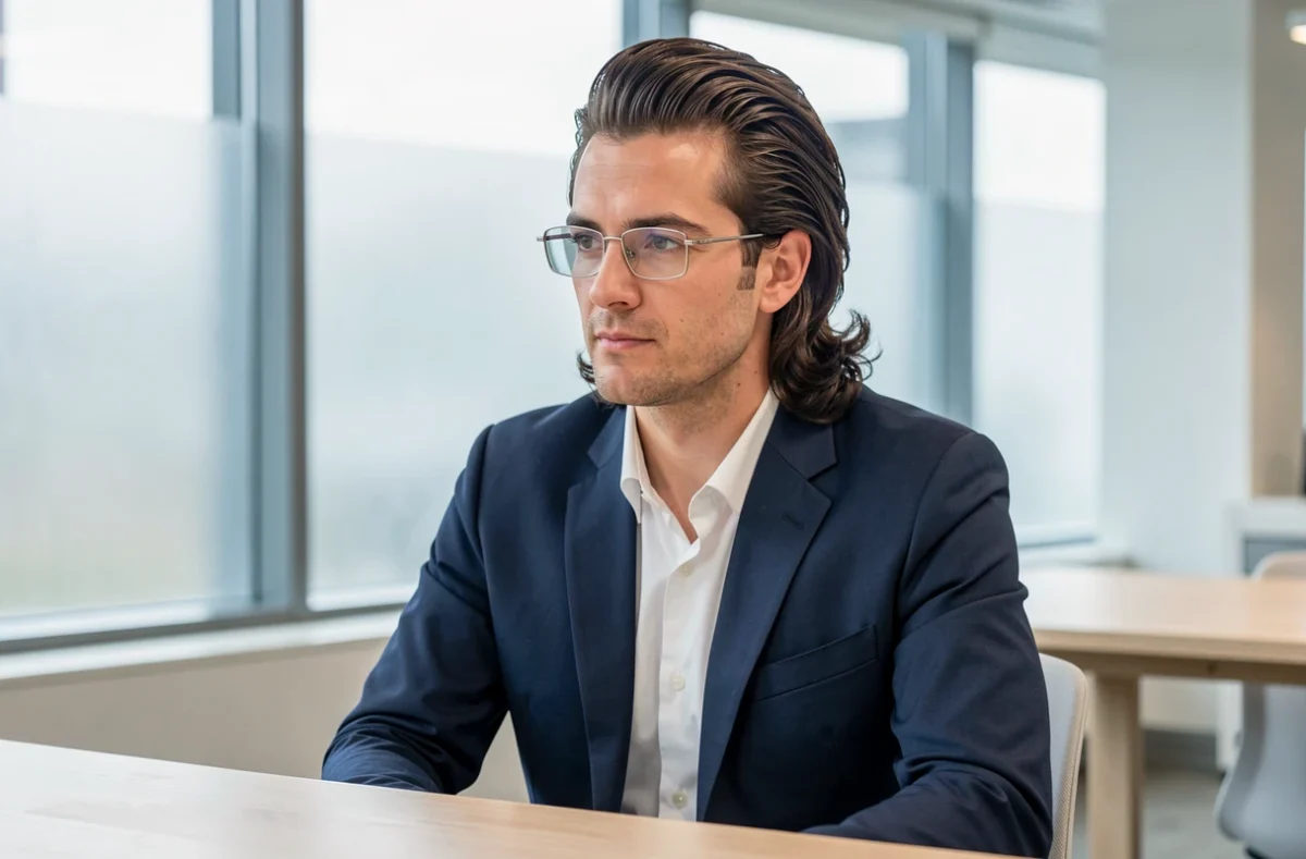 Homme style rétro avec coupe mulet et lunettes à monture argentée dans un bureau moderne