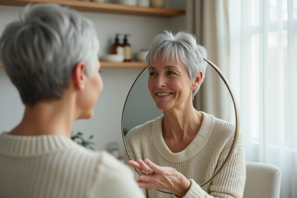 Femme mature avec une coupe pixie bob argentée devant un miroir à domicile dans une ambiance minimaliste