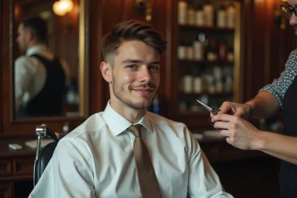 Jeune homme élégant recevant une coupe taper dans un salon de coiffure vintage avant son mariage