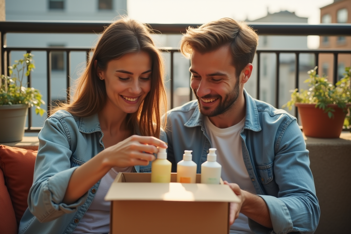 Jeune couple découvrant une box beauté sur leur balcon