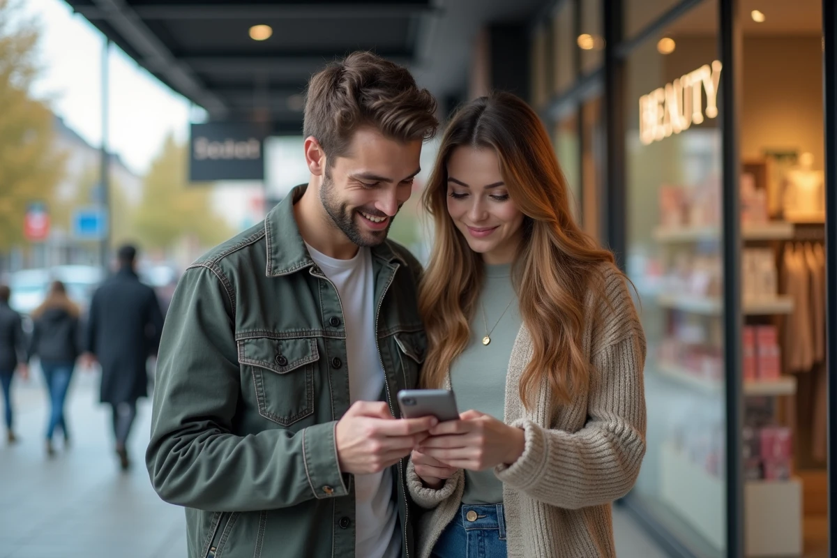 Couple vérifiant la disponibilité des produits Ulta sur smartphone devant l'entrée du magasin