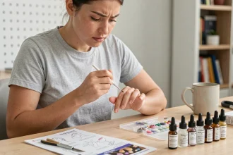 Débutante appliquant un produit pour ongles en porcelaine à son bureau, entourée d'un kit de démarrage
