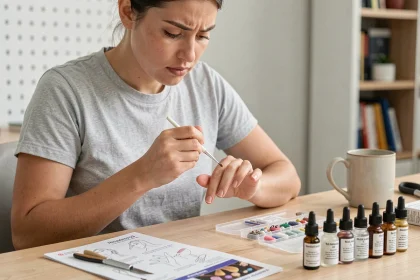 Débutante appliquant un produit pour ongles en porcelaine à son bureau, entourée d'un kit de démarrage