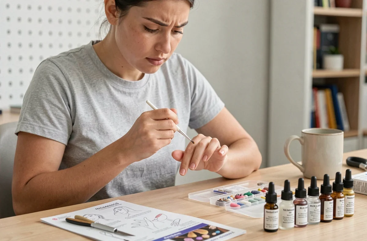 Débutante appliquant un produit pour ongles en porcelaine à son bureau, entourée d'un kit de démarrage