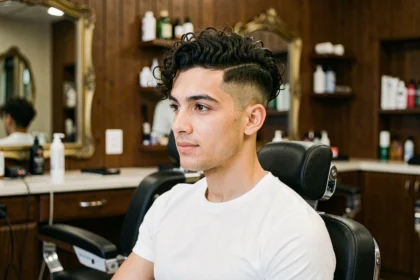 Jeune homme aux cheveux bouclés avec un dégradé espagnol soigné, assis dans un fauteuil de barbier moderne