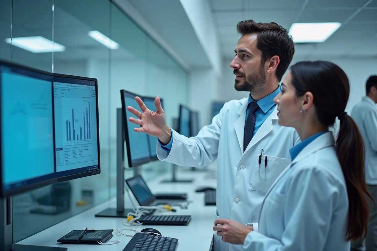 Dermatologue en blouse blanche discutant avec une chercheuse en laboratoire