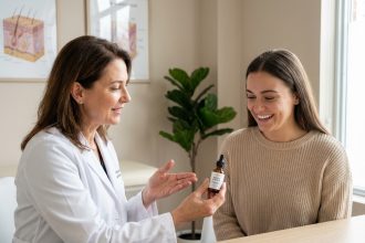 Dermatologue expliquant un sérum à une jeune femme souriante