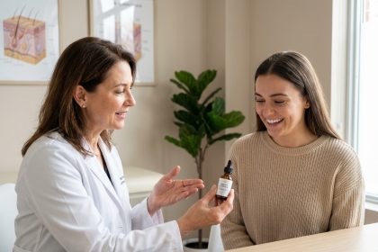 Dermatologue expliquant un sérum à une jeune femme souriante