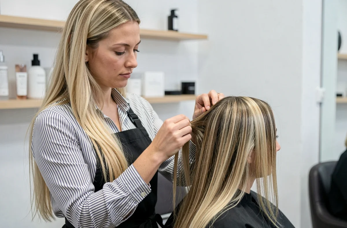 Spécialiste de Divine Extensions posant des extensions capillaires naturelles sur une cliente dans un salon parisien