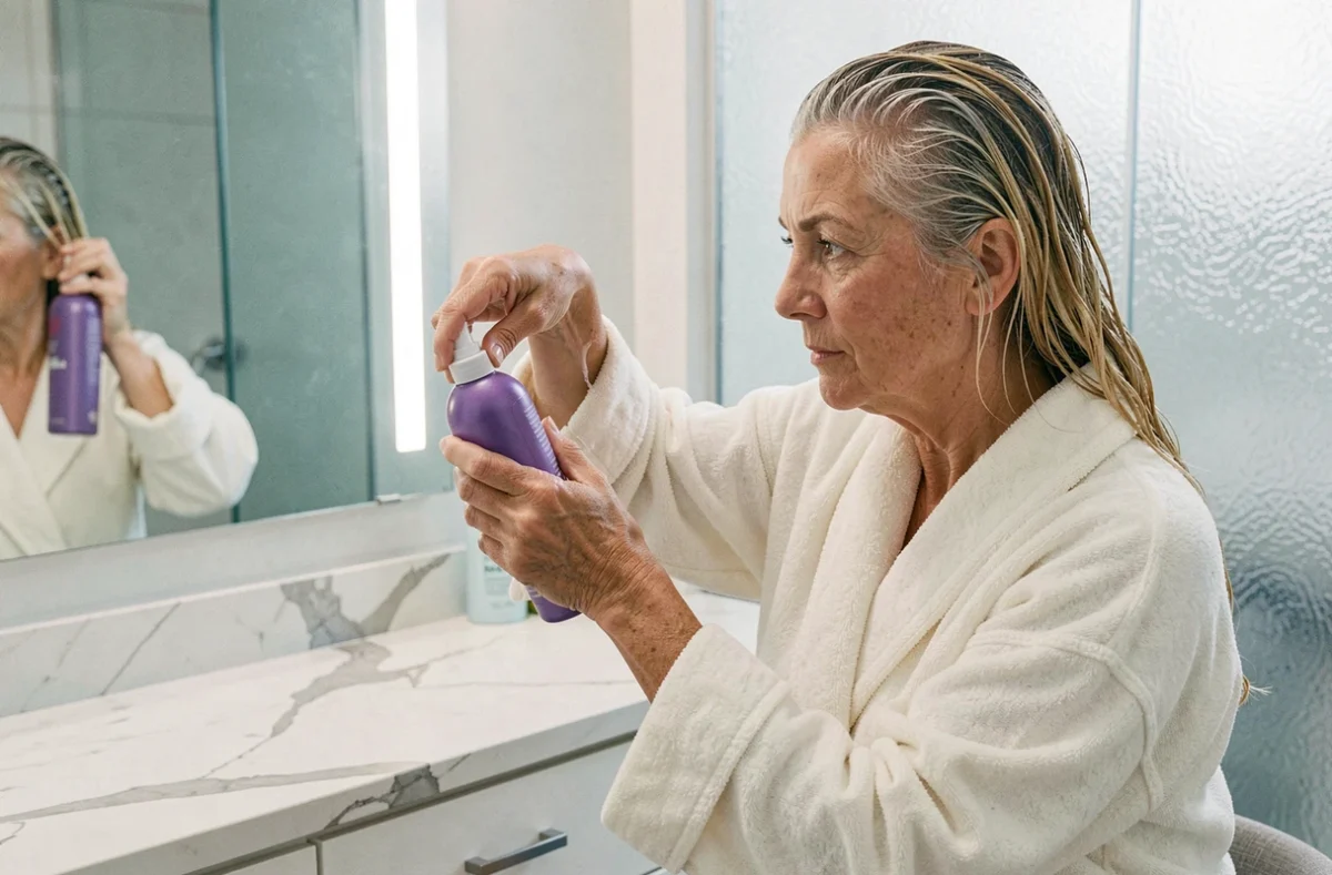 Femme aux cheveux blonds avec racines grises appliquant un shampooing violet dans une salle de bain moderne