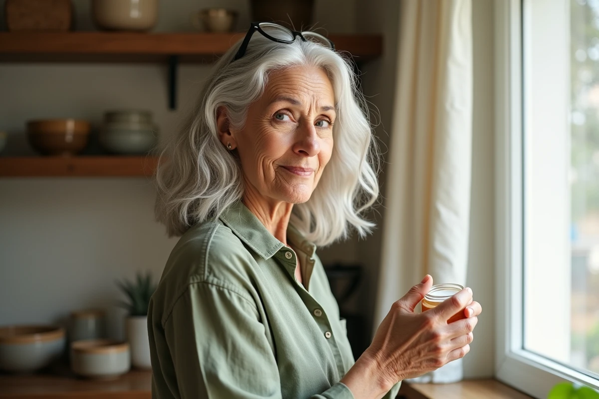 Femme de 70 ans aux cheveux argentés ondulés appliquant un soin capillaire dans sa cuisine, ambiance naturelle et détendue
