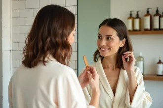 Femme entretenant sa coupe Cuenta dans la salle de bain avec un peigne à dents larges