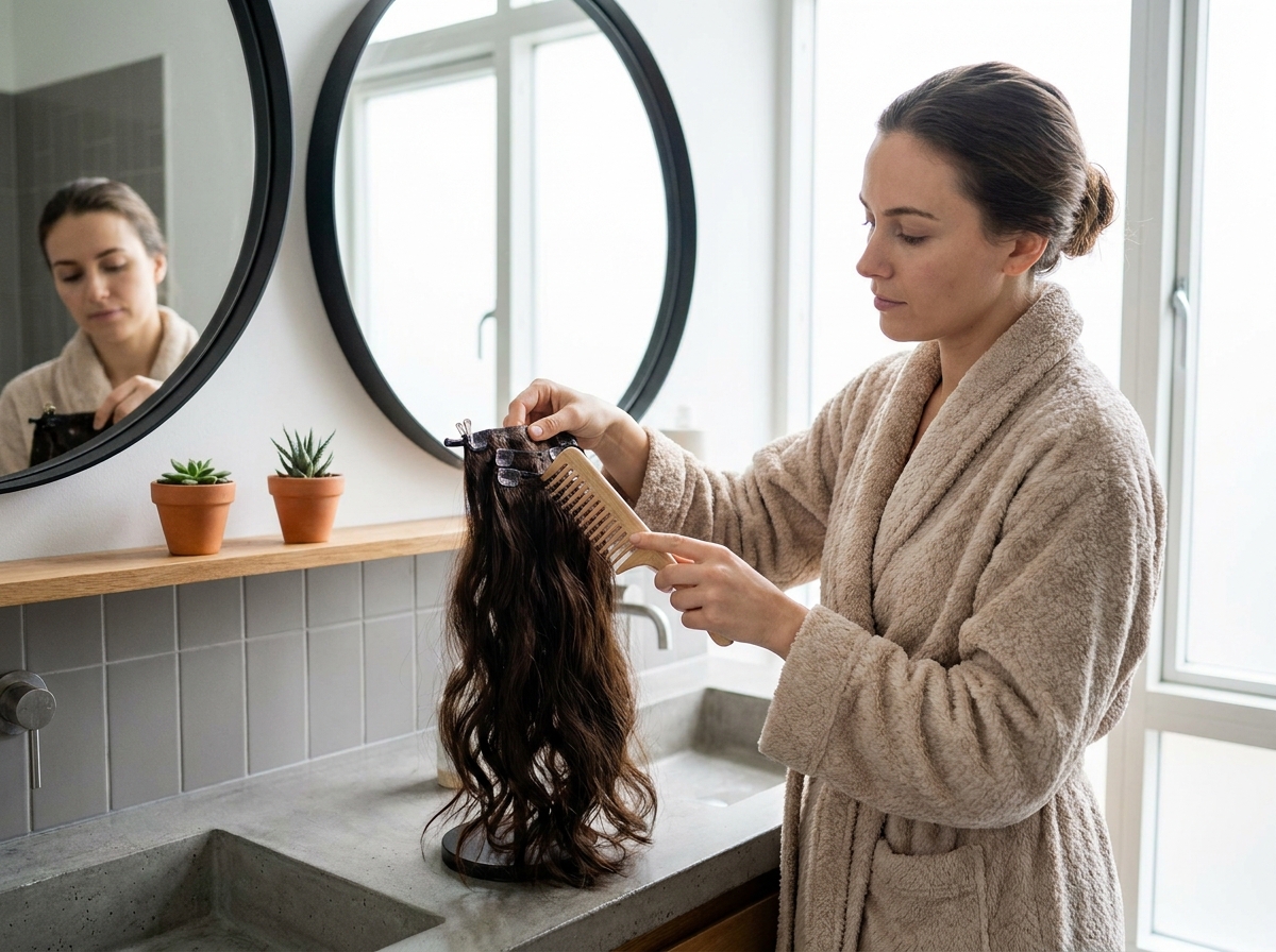 Femme prenant soin de ses extensions capillaires à domicile dans une salle de bain moderne