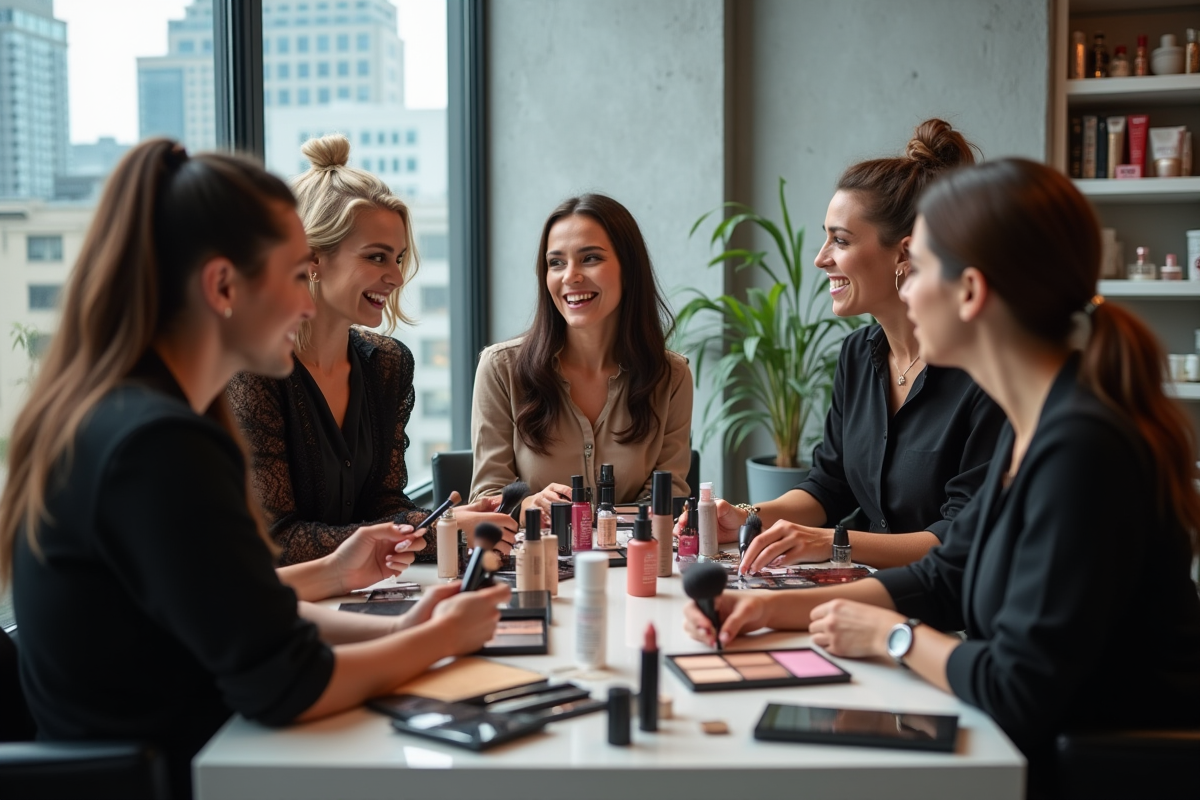 Groupe de maquilleurs discutant de produits de beauté dans un studio