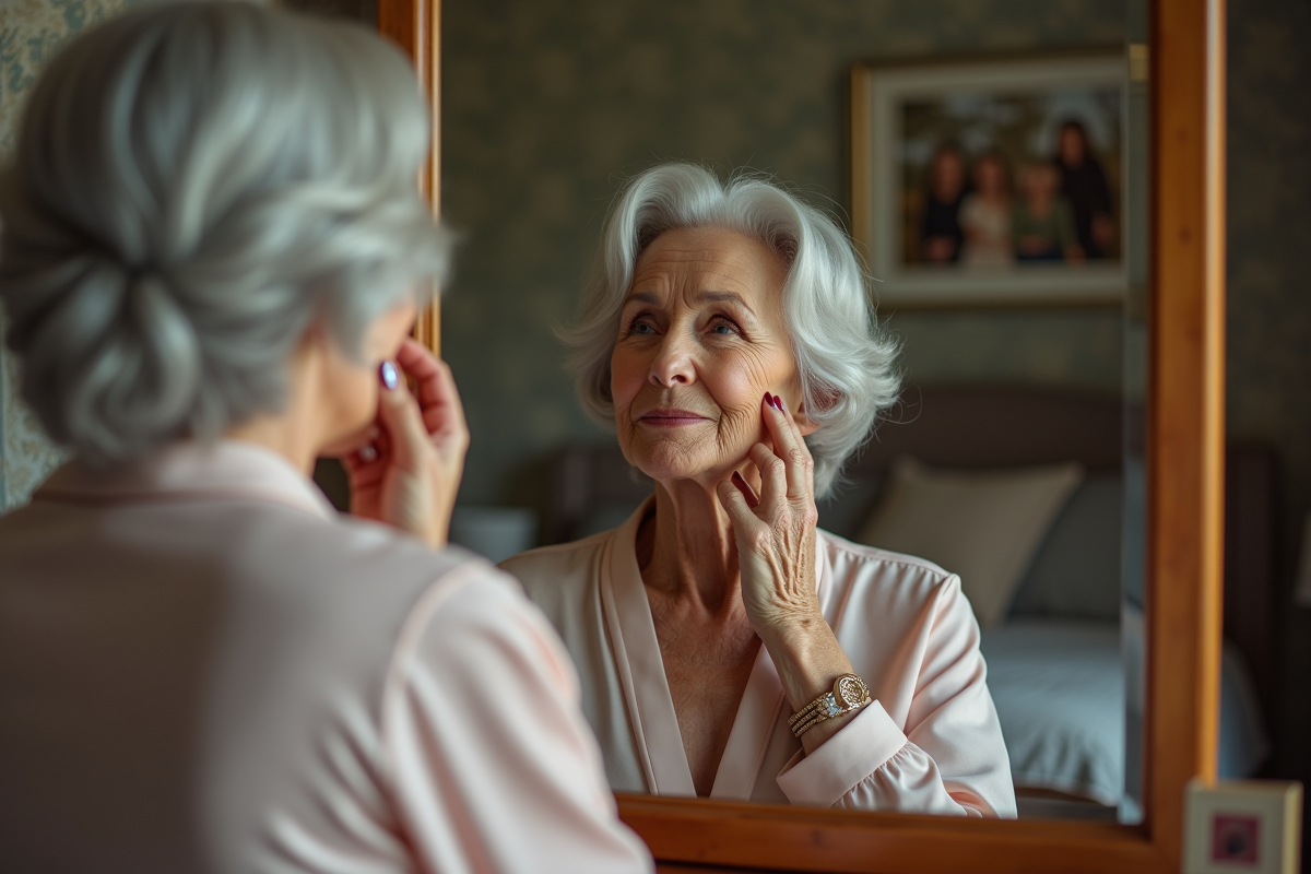Femme de 70 ans se maquillant devant un miroir dans une chambre chaleureuse