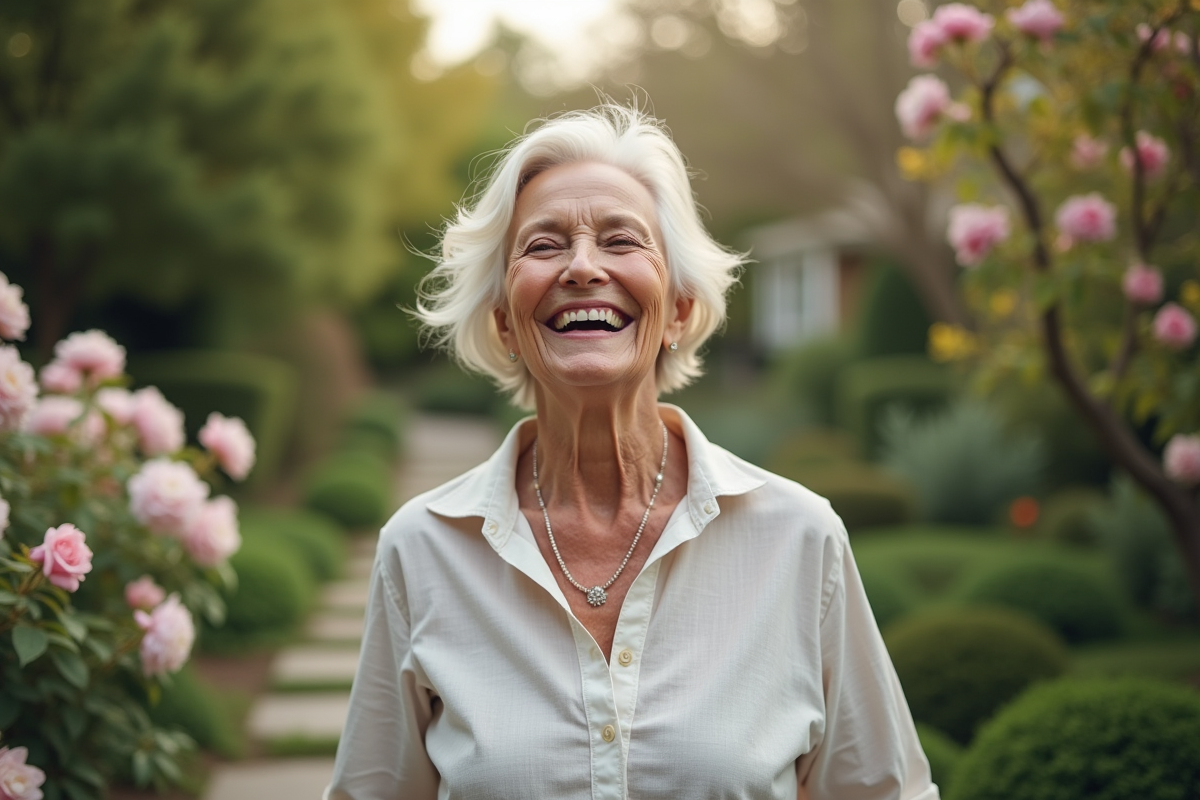 Femme de 70 ans souriante dans un jardin en plein air