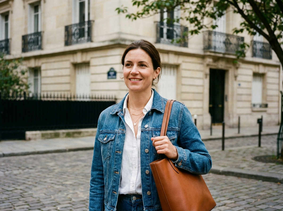Femme portant un look épuré avec un sac en cuir cognac dans une rue parisienne pavée