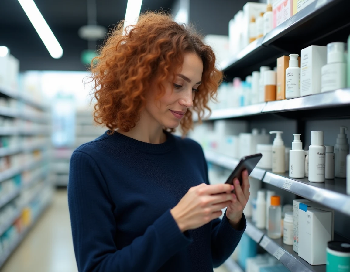 Femme analysant la note Yuka d'un produit cosmétique naturel en pharmacie avec attention critique