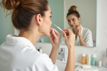 Femme appliquant une essence sérum transparente sur son visage devant une coiffeuse en marbre blanc avec des flacons de soins