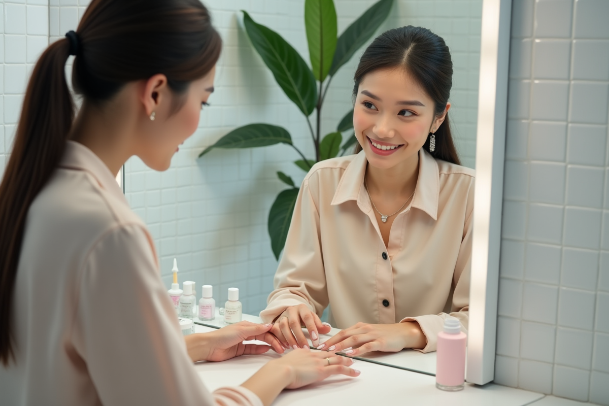Jeune femme appliquant des faux ongles dans sa salle de bain