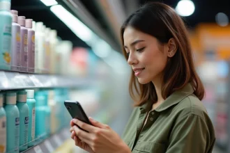 Femme consultant l'application Yuka sur son smartphone devant des produits cosmétiques en supermarché