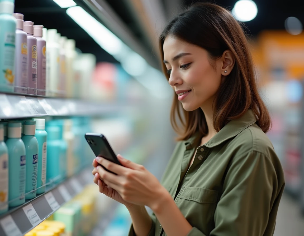 Femme consultant l'application Yuka sur son smartphone devant des produits cosmétiques en supermarché