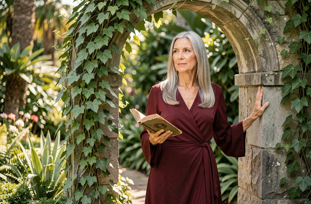 Femme élégante aux cheveux argentés dans un jardin botanique tenant un livre, incarnant la beauté intemporelle et la sagesse féministe