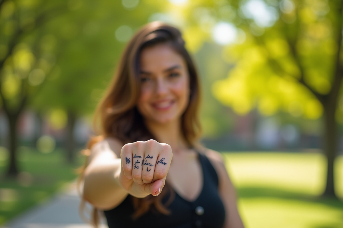 Femme confiante montrant son avant-bras tatoué dans un parc ensoleille