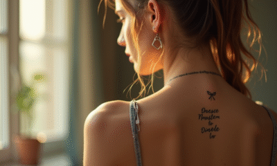Jeune femme vue de dos avec tatouage sur l'épaule dans un intérieur lumineux