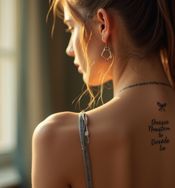 Jeune femme vue de dos avec tatouage sur l'épaule dans un intérieur lumineux