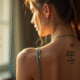 Jeune femme vue de dos avec tatouage sur l'épaule dans un intérieur lumineux
