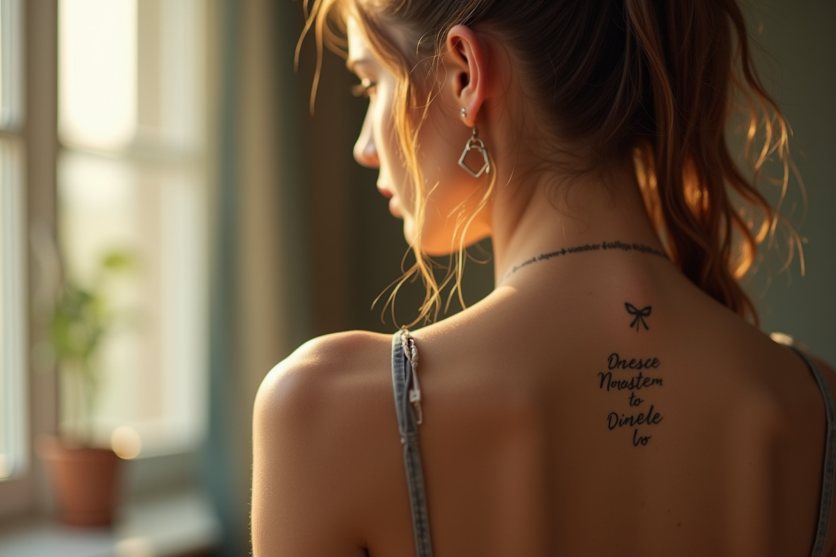 Jeune femme vue de dos avec tatouage sur l'épaule dans un intérieur lumineux
