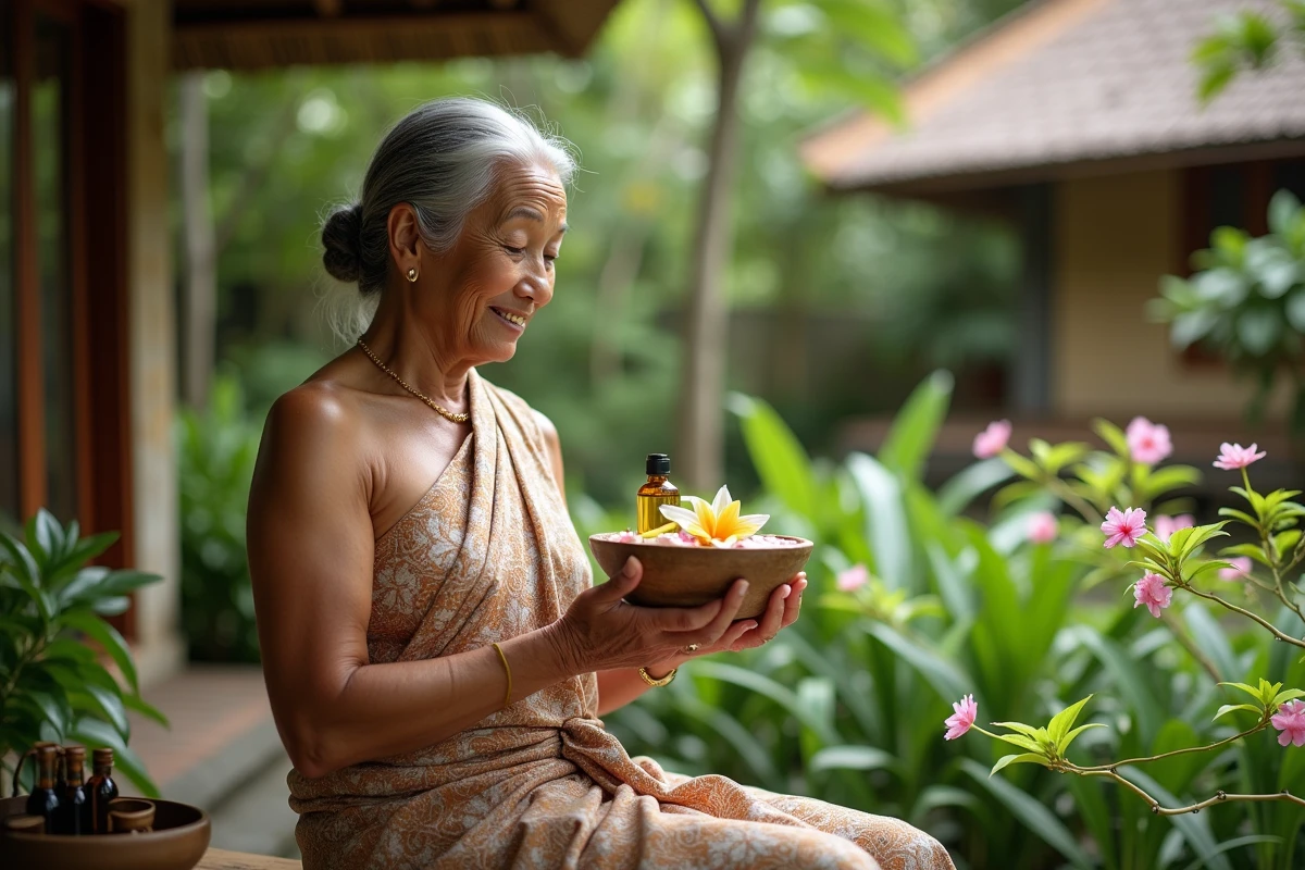 Femme balinaise dans un jardin avec fleurs de jasmin