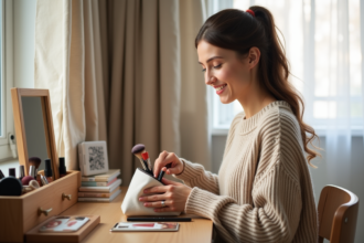 Femme souriante préparant ses produits de maquillage dans une chambre lumineuse